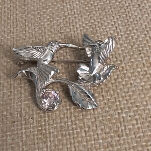 Vintage Silver Tone Double Hummingbird Brooch Pink Rhinestone Bird Pin Unsigned